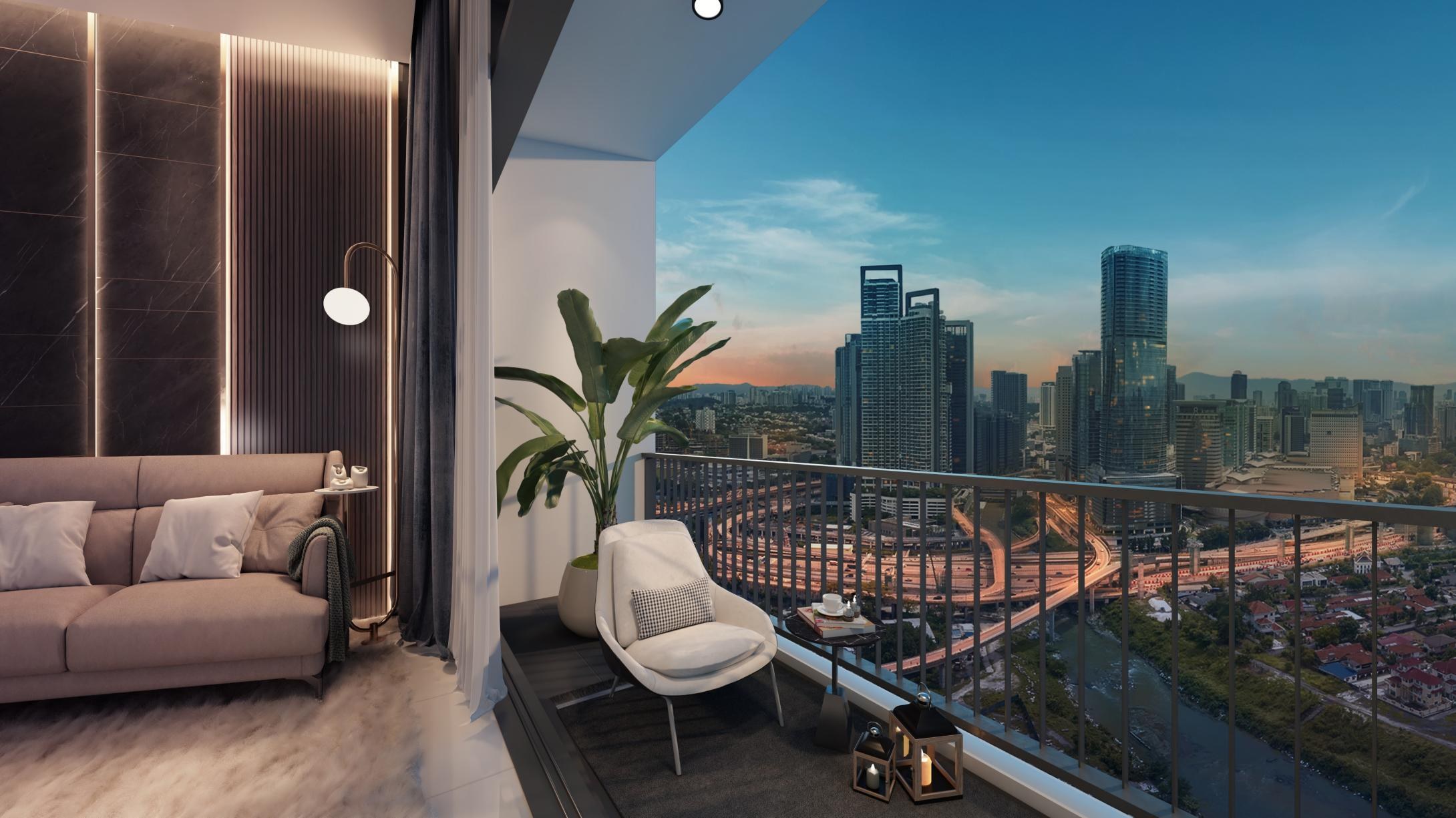 Balcony overlooking the Kuala Lumpur skyline at River Park Bangsar South