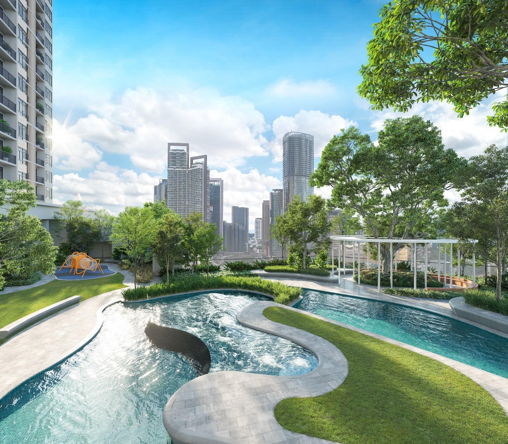 Facilities deck with landscaped pool